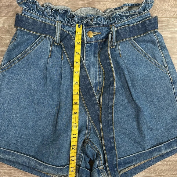 Shein Retro High Rise Pleated Paper Bag Waist Denim Jean Shorts 4 - Picture 5 of 11